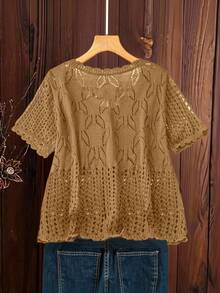 SHEIN LUNE 大码女式纯色针织镂空单排扣短袖露脐休闲轻薄开衫，春夏款 - 駝色 - 查看 2