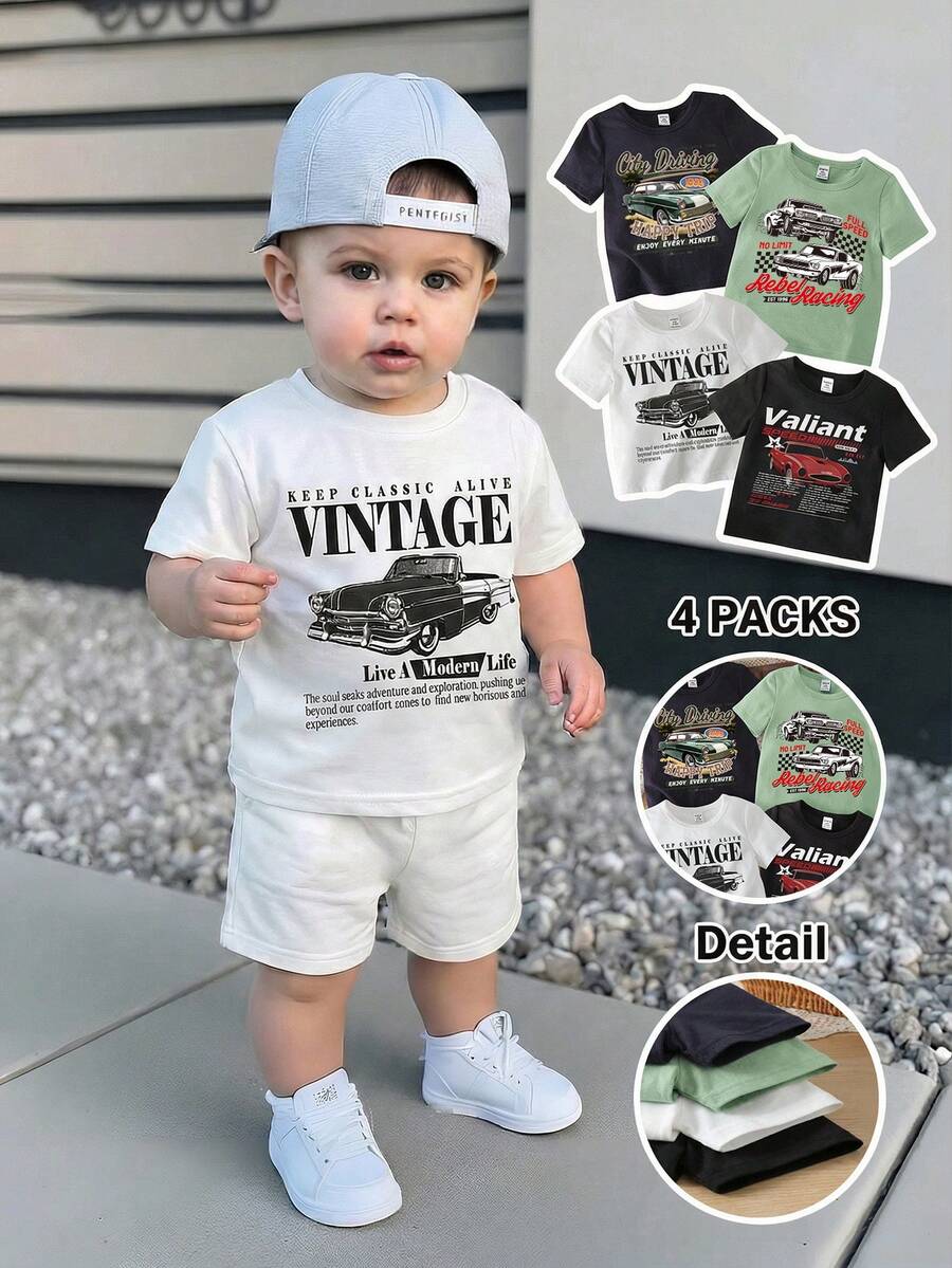 Bubblio 4件装赛车印花休闲圆领短袖上衣，适合男婴夏季穿着，款式包括：男婴图案T恤、男婴汽车T恤、男婴复古汽车T恤、男婴赛车T恤、男婴汽车服装。 - 彩色 - 查看 1