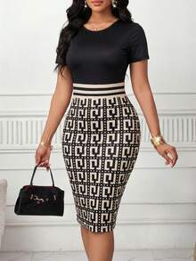 SHEIN Lady 女士几何印花圆领短袖修身优雅中长连衣裙 - 彩色 - 查看 7