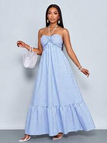 SOLERSUN 女士度假性感蓝白条纹露背打结前褶皱亚麻棉飘逸多层长裙，夏季休闲沙滩度假连衣裙（随机花卉图案） - 藍白色 - 查看 7