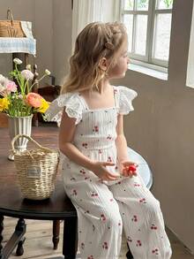 LMoss Kids Young Girl Cherry Print Ruffled Collar Jumpsuit - Multicolor - View 7