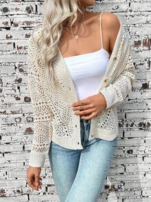 Breezaya Women's Apricot V-Neck Perforated Button Cardigan, Fashionable Versatile Minimalist Design, Suitable For Spring/Summer, Beach Vacation - Apricot - View 6
