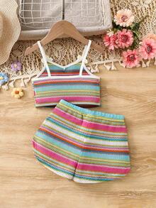 Emery Rose Kids Emery Rose Kids 两件套女童提花针织吊带背心和短裤套装 - 彩色 - 查看 2