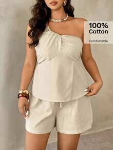 Auralis Conjunto de 2 piezas de lino y algodón beige para mujer, estilo casual elegante de verano para vacaciones y días festivos, top con nudo retorcido, tirantes anchos y bajo asimétrico & shorts con cordón - Albaricoque - Ver 1