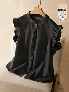 Elaquor 大码女式单排扣休闲百搭日常水洗衬衫，春季女装，优雅情人节春季女装 - 黑色 - 查看 3