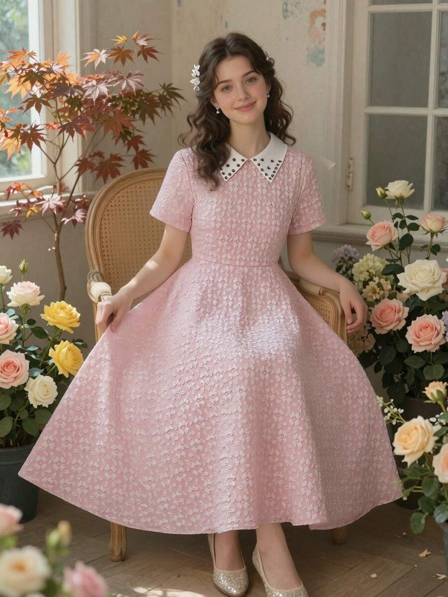 SHEIN ChillGRL Diamond Collar, Jacquard Textured Fabric, French Style, A-Line Maxi Skirt, Elegant High Waist Snug Fit, Fashionable & Graceful For Teenage Girls In Summer - Pink - View 1