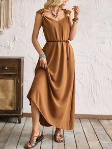 Breezaya Women's Caramel Textured Slip Dress, V-Neck Loose Drape Elegant Dress With Metal Strap - Coffee - View 4