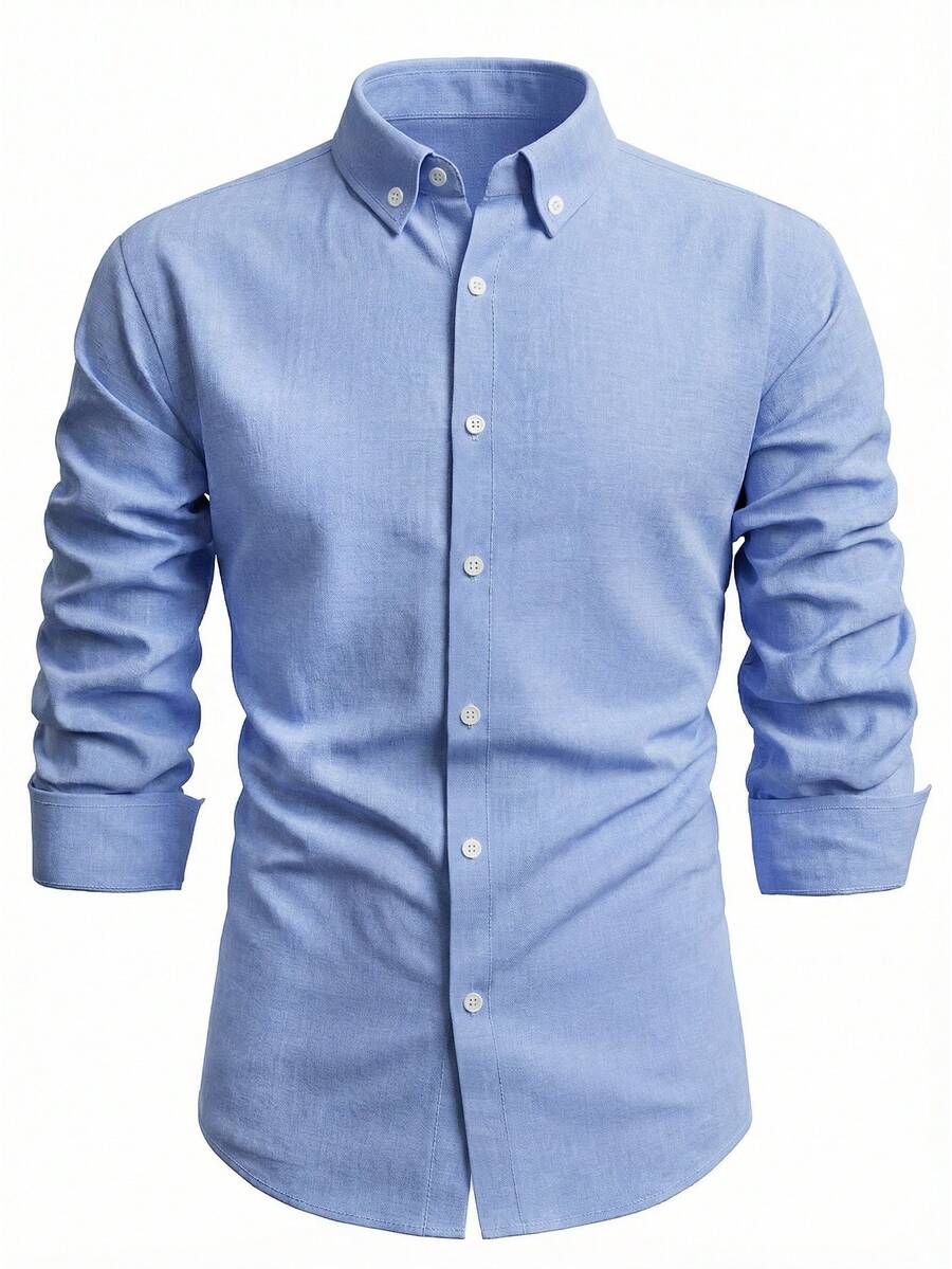 Manfinity Bizformal 男士简约纯色单排扣长袖衬衫 男士蓝色纽扣衬衫 男士长袖正装衬衫 - 淺藍色 - 查看 1