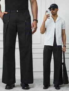 HUEFORM Men's Black Casual Pleated Slant Pocket Wide Leg Pants - Black - View 1