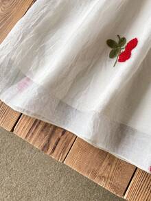 Ruffle Strap Cherry Puff A-Line Dress. Featuring Ruffle Trim Shoulder Straps, A 3D Bow At The Back, And A Puff A-Line Silhouette That Ensures Freedom Of Movement While Maintaining An Elegant Look. Suitable For Outings, Friend Gatherings, And Family Celebrations, Making Your Little One The Center Of Attention. - Apricot - View 4