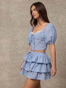 WESTFADE 格纹荷叶边系带半身裙 - 藍色 - 查看 6