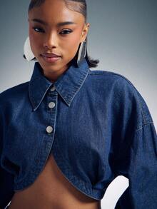 Denimoi Collared Crop Top Long Sleeve Crop Top Fashionable Tops Sexy Tops Streetwear - Dark Wash - View 2