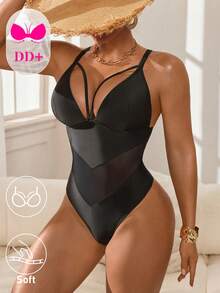 Swim DD+ Women's Mesh Patchwork One-Piece Swimsuit, Casual Beach Vacation - Black - View 4