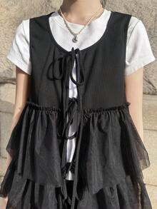 FRIFUL Women's Solid Color Short Sleeve Tie-Up Bow Mesh Patchwork Loose Casual Versatile T-Shirt, Spring/Summer - Black - View 3
