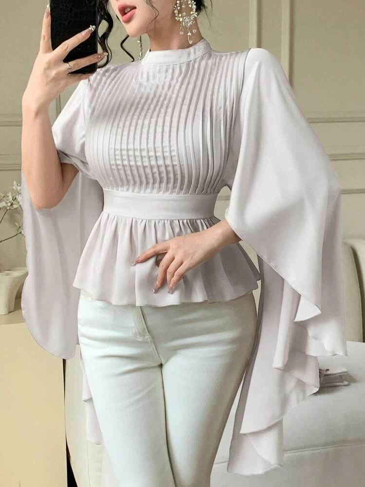 Spring & Summer Solid Color Batwing Sleeve Pleated Design Elegant Formal Dress, Suitable For Valentine's Day, Wedding, Party, Fashion Event, Slim Fit, Ruffle Hem Long Sleeve Blouse For Women