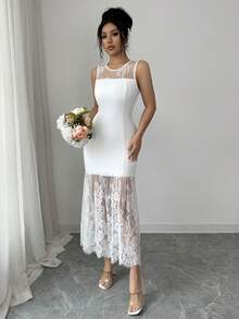 SHEIN Elenzya 优雅黑色蕾丝网纱连衣裙，时尚性感，适合日常穿着、婚礼季派对、夏季派对、海滩度假、浪漫约会，最新款式 - 白色 - 查看 4