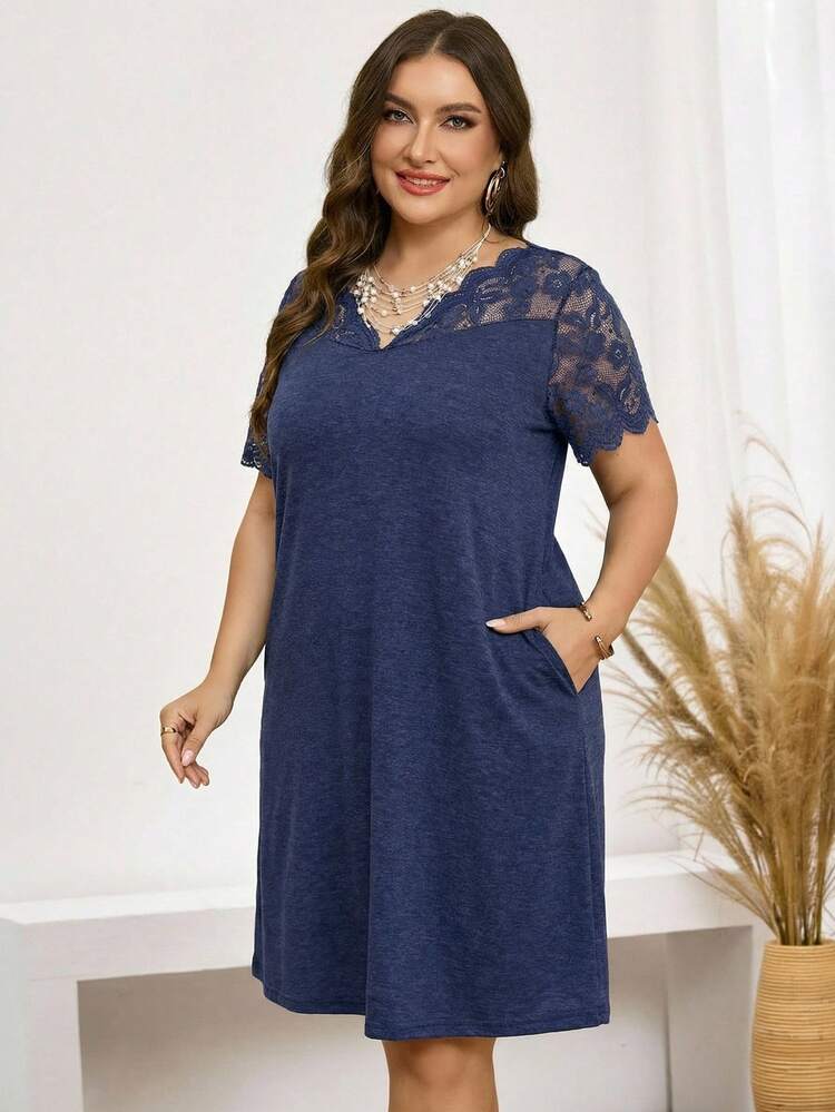 Plus Size Solid Color Lace Patchwork Short Sleeve Dress, Summer Outfits For Women