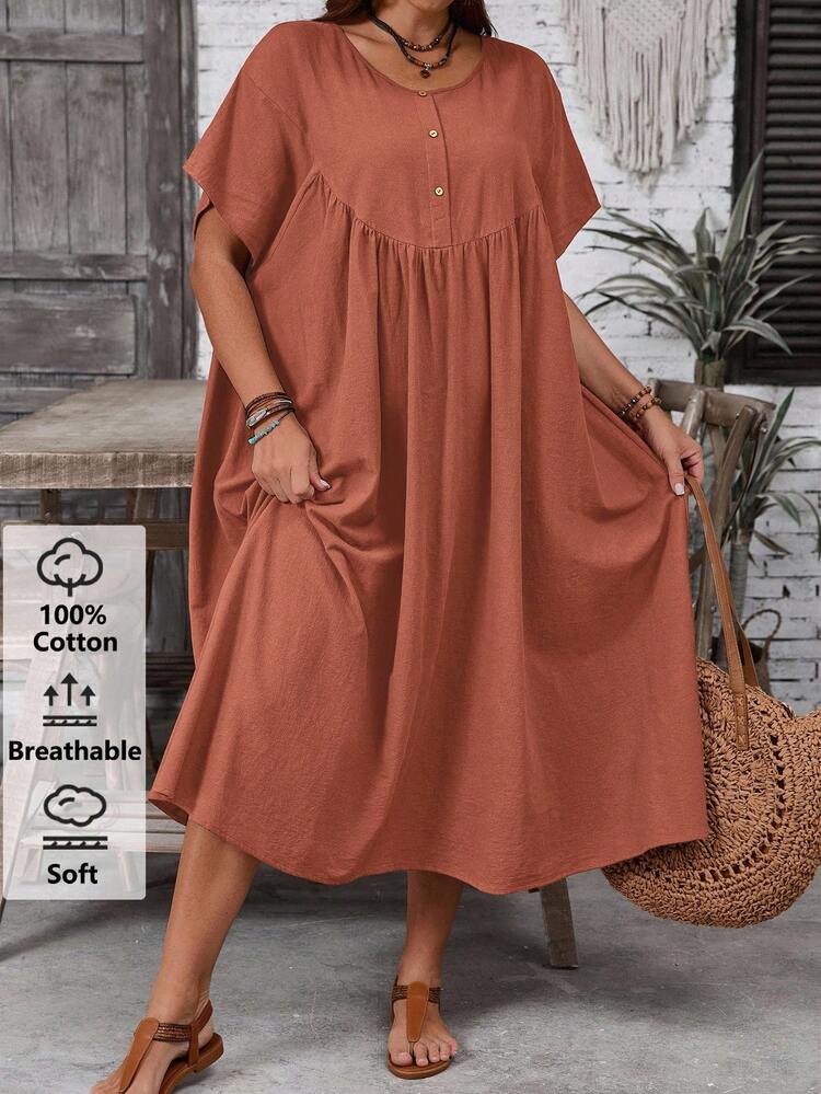 Plus Size Solid Color Minimalist Daily Wear Round Neck Short Sleeve Dress, Summer Dresses