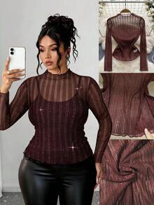 Elenzga Blusa brillante de tela transparente y textura con dobladillo enrollado para mujer de talla grande - Burdeos - Ver 3