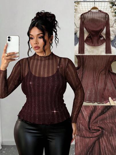 Elenzga Plus Size Women Sheer Textured Rolled Hem Glitter Top