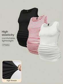 Modmama 3pcs/Set Maternity Round Neck Pleated Casual Versatile Daily Wear Tops - Red - View 1