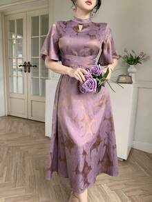 DAZY Elegant V-Neck Printed Long Dress, Slimming & Chic Goddess Style - Purple - View 3