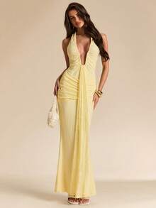 SHEIN BAE 黄色蕾丝露背V领高开衩吊带连衣裙，优雅蕾丝连衣裙，度假连衣裙，伴娘礼服，生日派对礼服，返校/毕业礼服 - 黃色 - 查看 6