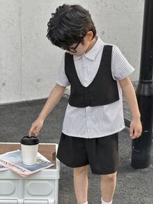 SHEIN Little Byeori Young Boys Casual Striped Shirt/Shorts 2 Pieces Set - Multicolor - View 6