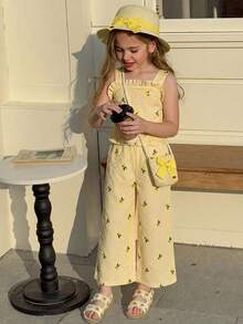 SHEIN Playful Pals 2pcs/Set Girls Casual Yellow Camisole Top And Pants Set, Summer - Yellow - View 5