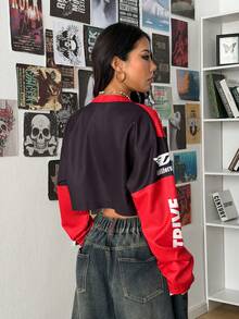 SHEIN HypeZone 街头风女式赛车风格字母印花短款长袖夹克 - 紅色 - 查看 2