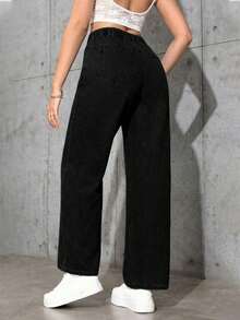 SHEIN ICON Plus Size Women Retro Street Style Gray Non-Stretch Straight Leg Jeans - Black - View 2