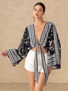 Swim Oasis Women's All-Over Print Knotted Casual Vacation Kimono Cover Up - Black - View 5