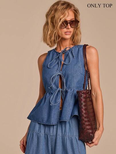 COSMINA 女士牛仔无袖衬衫，圆领系带腰部褶皱牛仔衬衫，蓝色牛仔上衣，夏季休闲度假牛仔衬衫，日常穿着，女士休闲牛仔衬衫