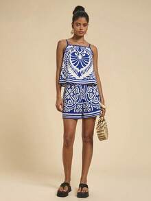 Travachic 女士度假植物印花吊带背心和短裤休闲两件套 - 藍白色 - 查看 6