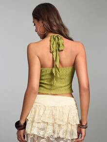 ROMWE Avant Women's Fashionable Sexy Backless Spaghetti Strap Twist Front Textured Camisole Top, Suitable For Beach, Date, Casual Outing, Music Festival - Green - View 3