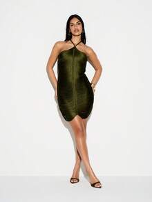 KIZN Metallic Halter Neck Mini Dress With Cross Front Detail And Bodycon Silhouette For Party Evening Occasions - Army Green - View 3