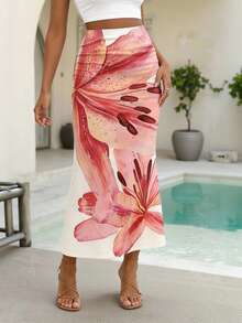 INAWLY 女士休闲优雅印花褶皱腰A字裙 - 乾枯玫瑰色 - 查看 4