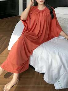 Dazy Plus Plus Size Women's Solid Color Batwing Sleeve Pleated Loose Long Nightgown, Spring/Summer/Autumn - Burnt Orange - View 1
