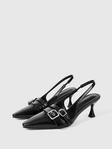 Sleekvia Women's Black Pointed Toe Front Button Gold Square Hollow Asymmetric Heel Pumps, Commuting & Casual Street Style - Black - View 2