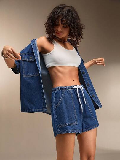 EURMUSE Women Denim Shirt And Short Set Oversize Short Sleeve Shirt And Drawcord Short Summer Denim Two Pieces Set