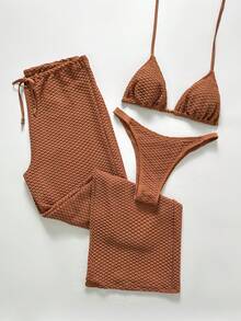 Swim Chiccia Women's Solid Color Knotted Camisole Bikini Set With Pants - Beige - View 4