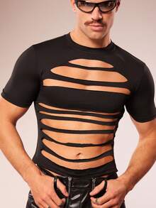 FeverCity Men's Fashionable Sexy Hollow-Cut Short Sleeve T-Shirt, Summer - Black - View 1