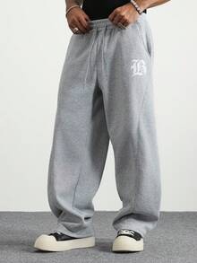 PAVTROS 男士字母印花抽绳腰口袋宽松休闲运动裤 - 淺灰色 - 查看 1