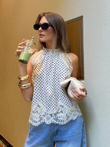 Serisse 女士波点印花蕾丝拼接吊带上衣，夏季法式黑白波点蕾丝荷叶边无袖吊带衫，精致蕾丝镂空设计，日常穿着、咖啡馆、朋友聚会、夏季上衣、海滩度假、派对上衣、外出上衣、优雅女士衬衫、休闲女士衬衫、波点上衣、白色上衣 - 米色 - 查看 6