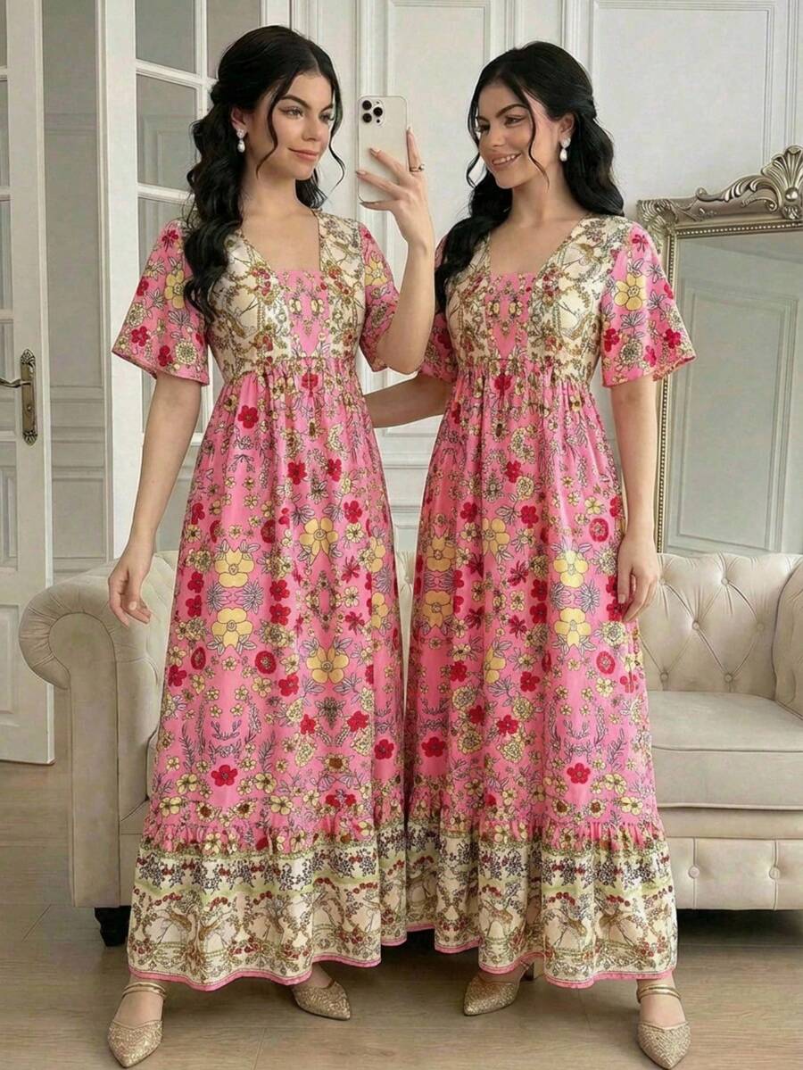 SHEIN Teen Girl Elegant Square Neck Vacation Style Dress,Kids - Multicolor - View 1