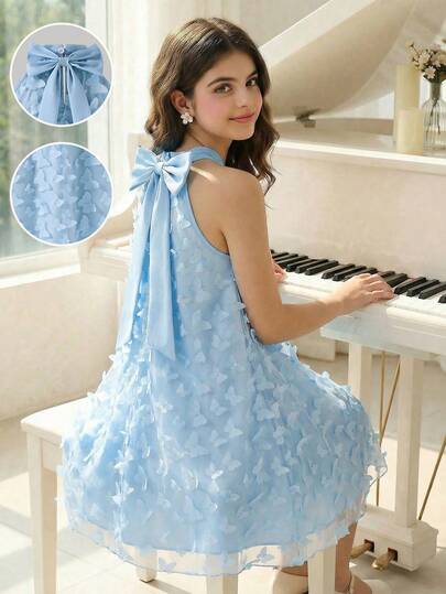 SHEIN Elegant Luxury Tween Girl Dress, Cute Princess Dress, Apricot Color Stand Collar, Exquisite Embroidered Floral Decor, Sleeveless A-Line Silhouette, Gorgeous Princess Dress