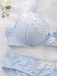 DelicateAllure 蕾丝网纱拼接文胸内裤套装，高支撑，提拉聚拢，可爱迷人女士内衣 - 藍色 - 查看 3
