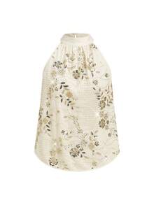 Ellevyn 女士露肩系领亮片宽松优雅休闲衬衫，适合春夏外出和海岛度假 - 杏色 - 查看 10