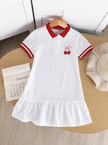 SHEIN 少女樱桃图案针织翻领修身休闲连衣裙 - 白色 - 查看 10