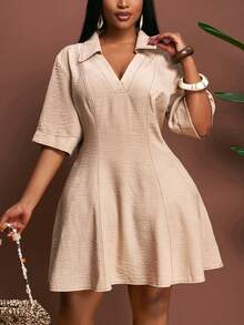 Veslaya 春夏新款加大码V领短袖收腰A字下摆短裙 - 卡其色 - 查看 10